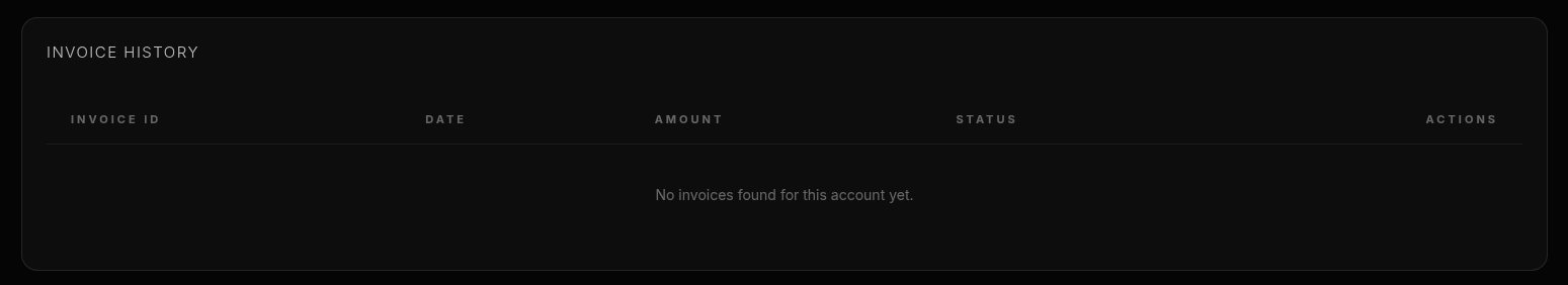 Invoice history — view past invoices by ID, date, amount, and status, or download a PDF.