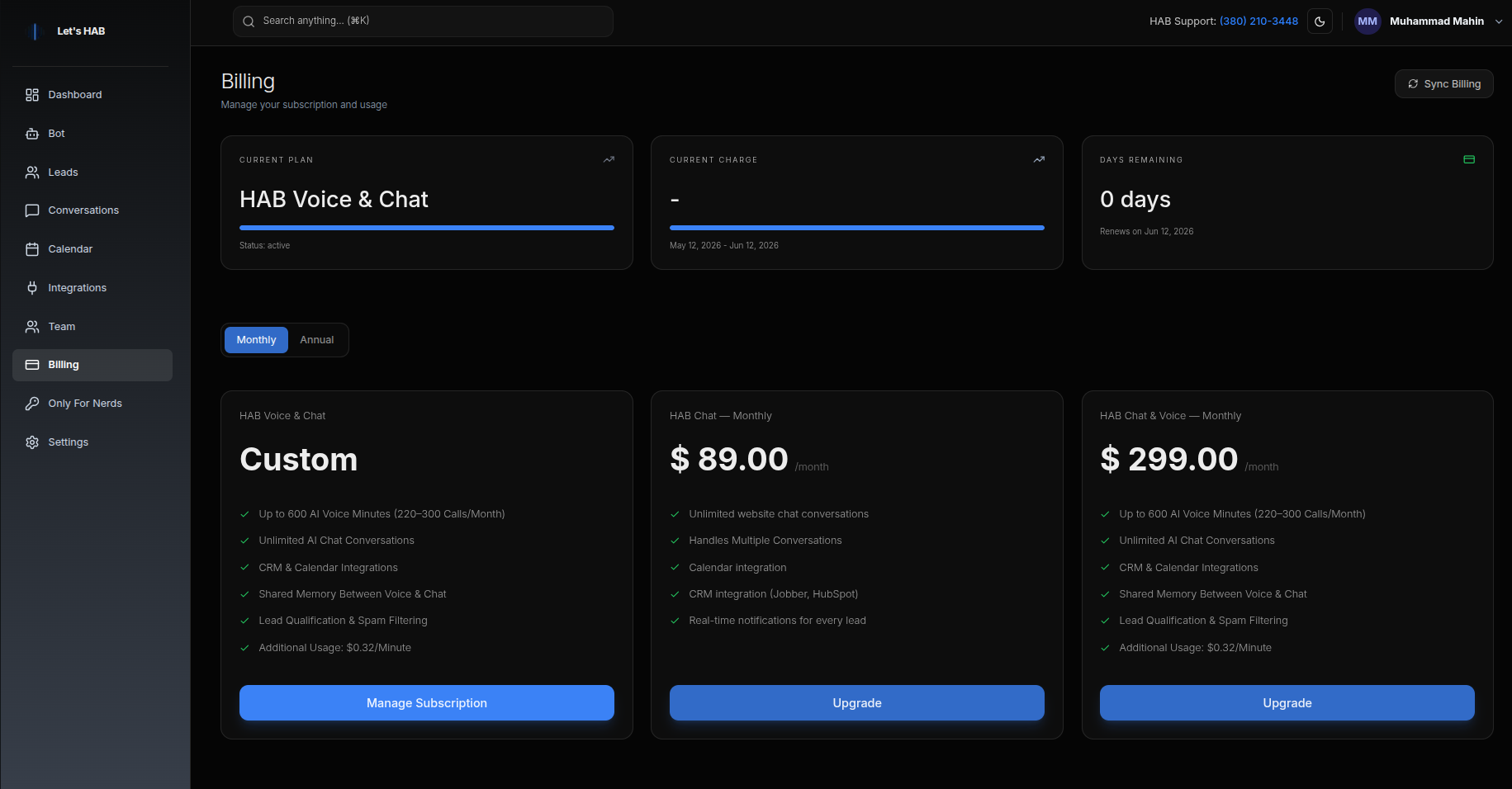 The Billing page — manage your plan, payment method, and invoices.