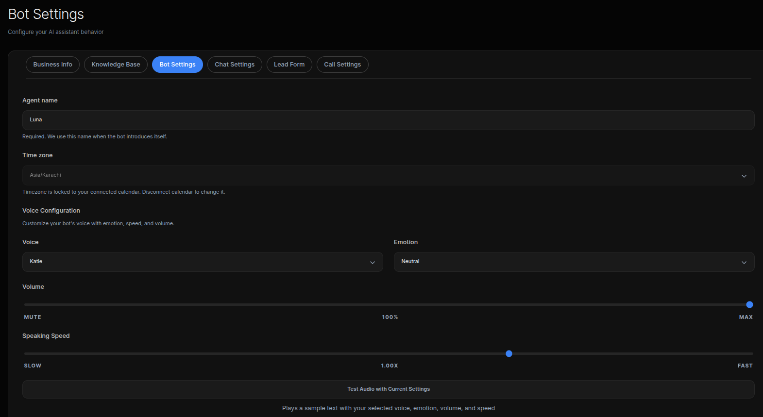 The Bot Settings panel — name your agent, set the time zone, and tune its voice, emotion, volume, and speaking speed.