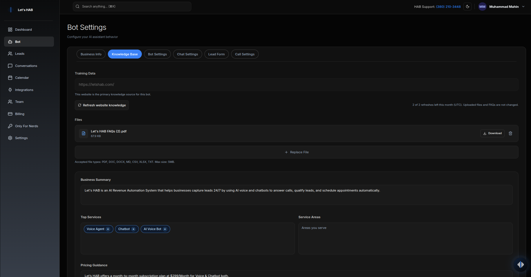 The Knowledge Base tab — training website, business summary, top services, and service areas.