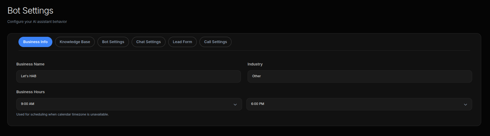 Business hours on the Business Info tab — set your open and close times.