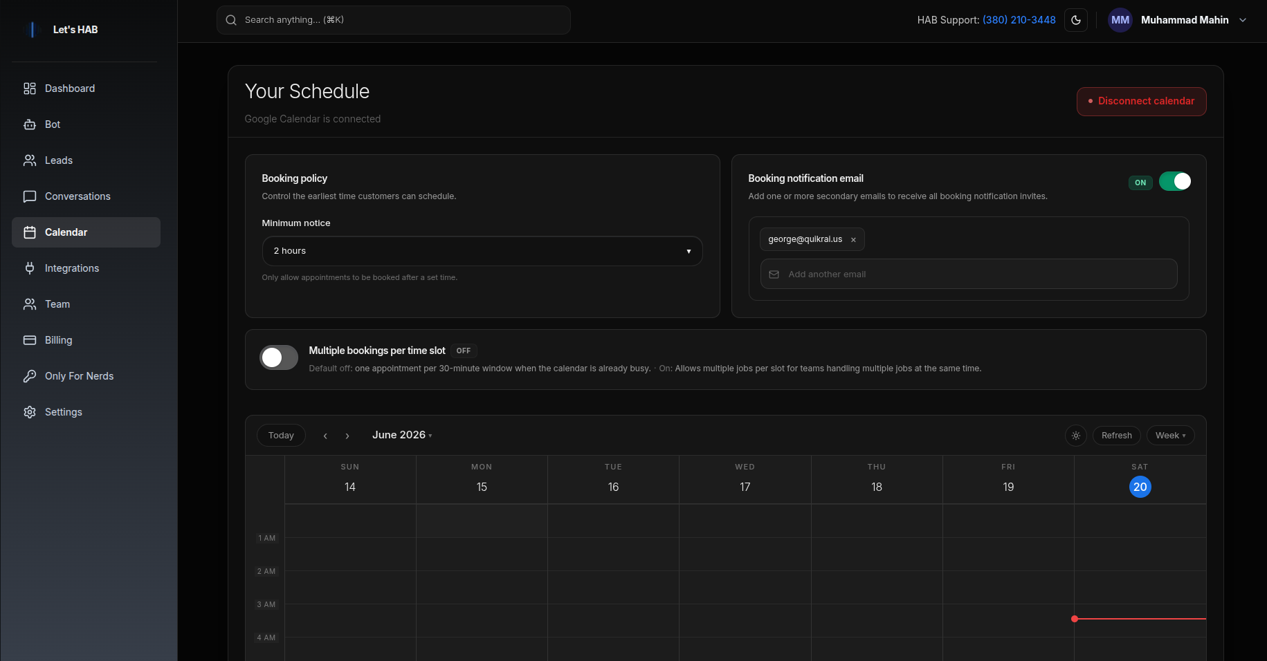 The Calendar page — connect Google Calendar and configure your booking schedule.