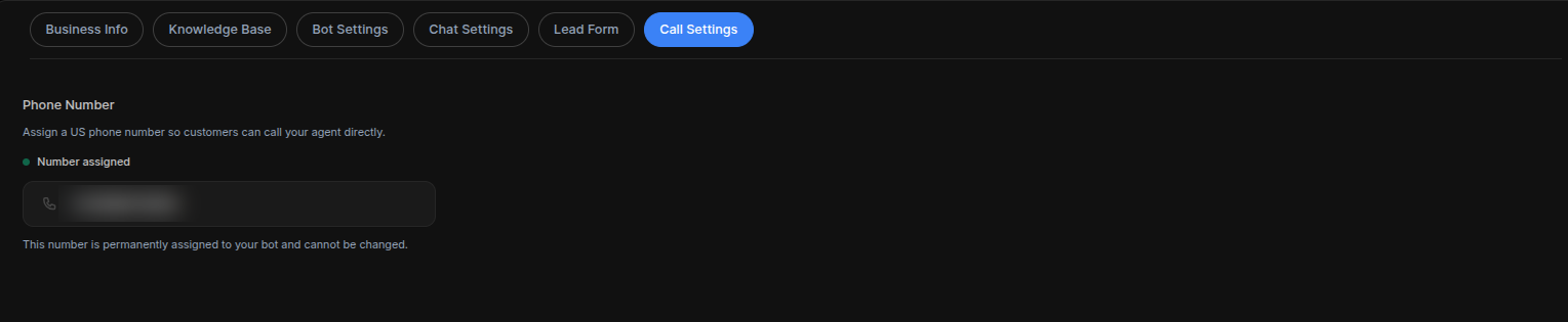 Call Settings — the US phone number assigned to your bot so customers can call your agent directly.