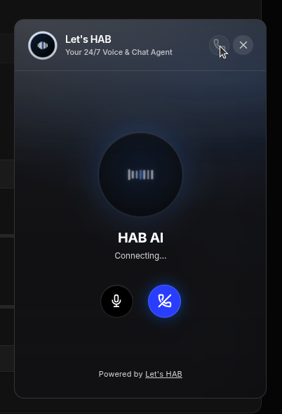 Voice channel preview — the Call toggle opens the voice interface so you can test phone-style conversations.