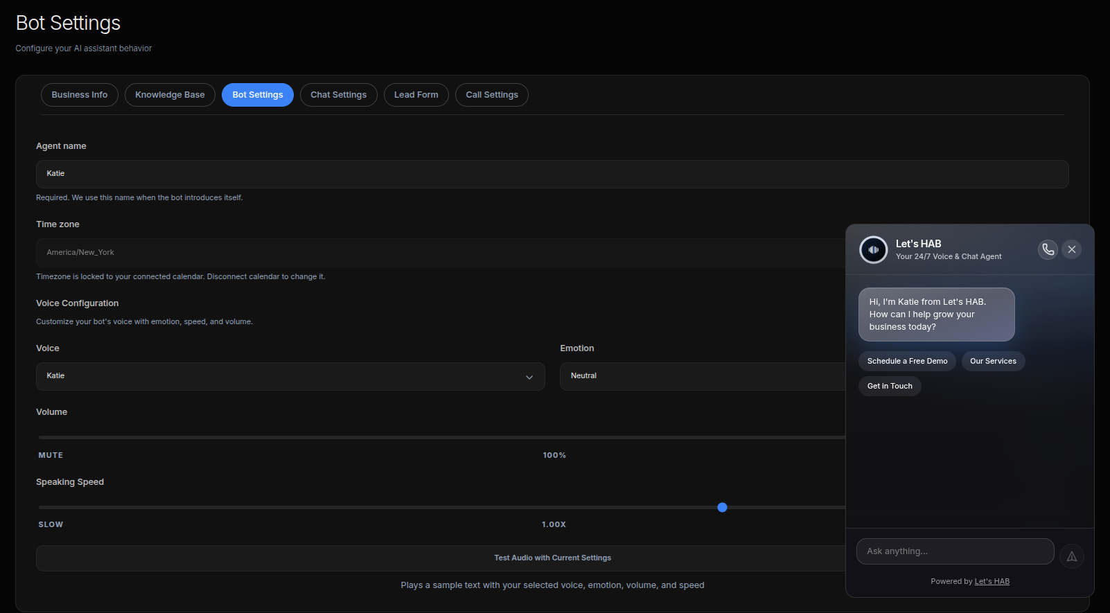 Chat widget open on the Bot page — use the Chat and Call toggle at the top to switch channels.