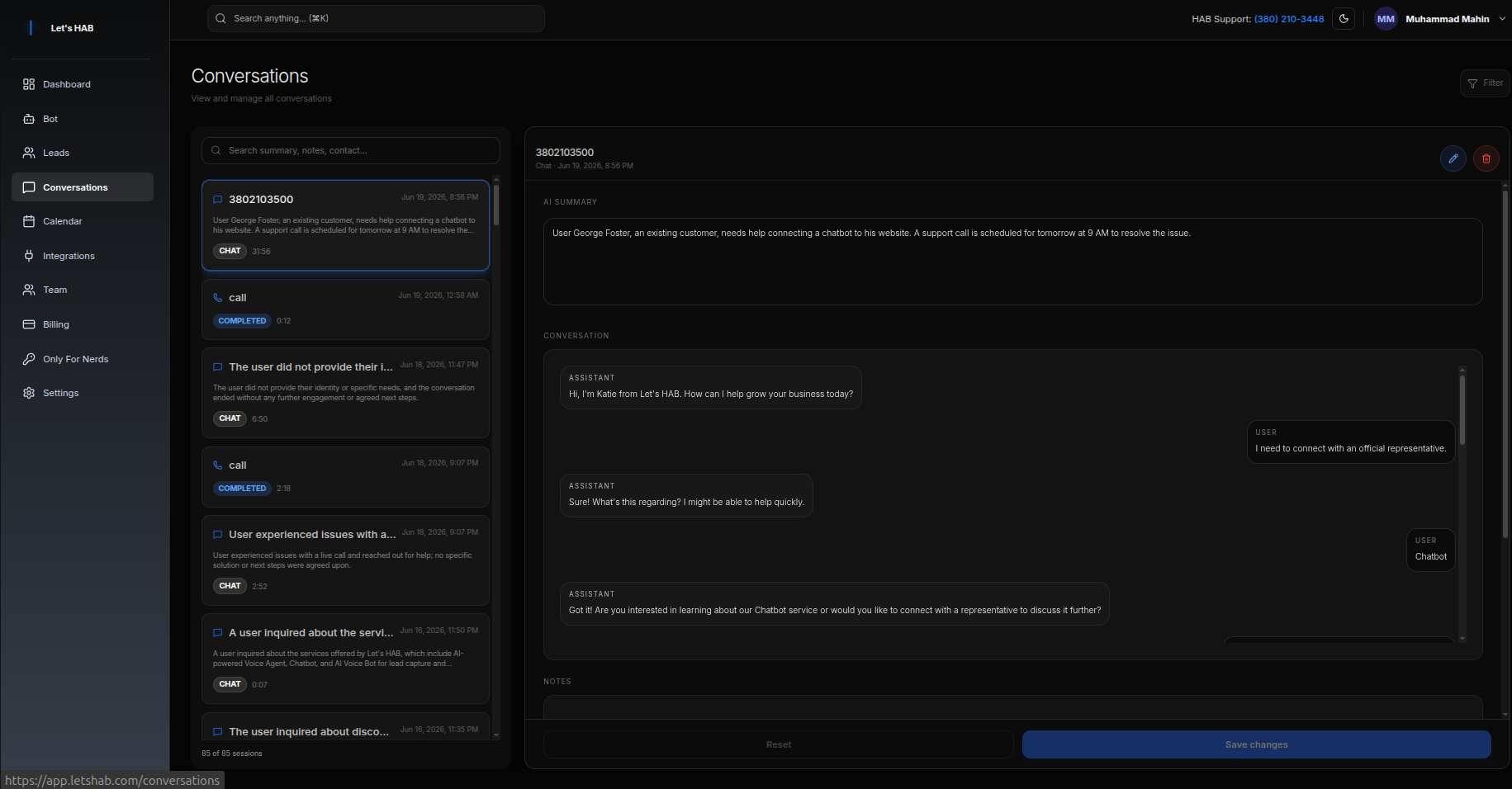The Conversations page — full call and chat transcripts and recordings.