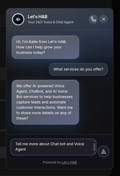 Example test chat — type a customer message in the widget and confirm the bot's reply.