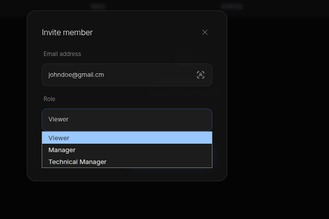 The Invite member dialog — enter an email address and pick a role: Viewer, Manager, or Technical Manager.
