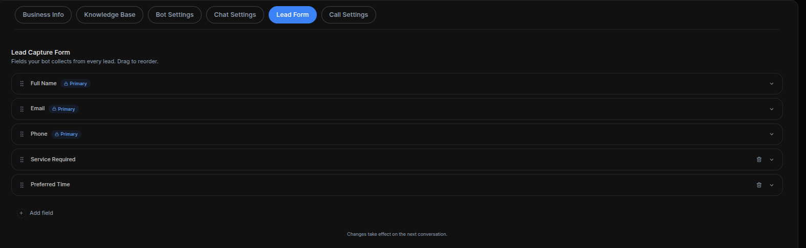 Lead Form — the fields your bot collects from every lead (name, phone, service, and more).