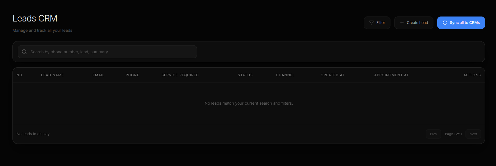 The Leads CRM page — search, filter, and sync all leads to your connected CRMs.
