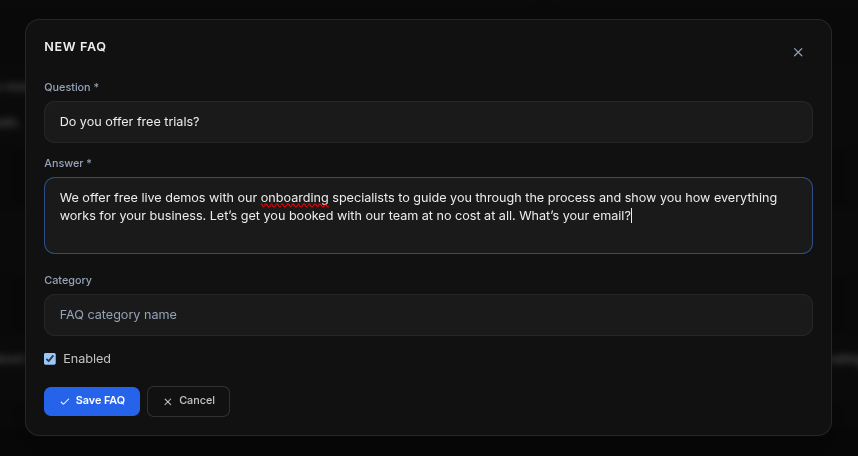NEW FAQ modal — fill in the question and answer, then click Save FAQ.