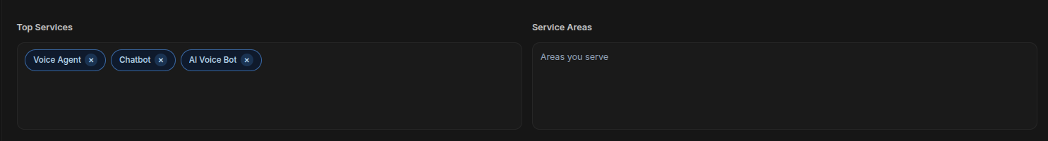 Top Services — type each job type and press Enter or use commas to create tags.